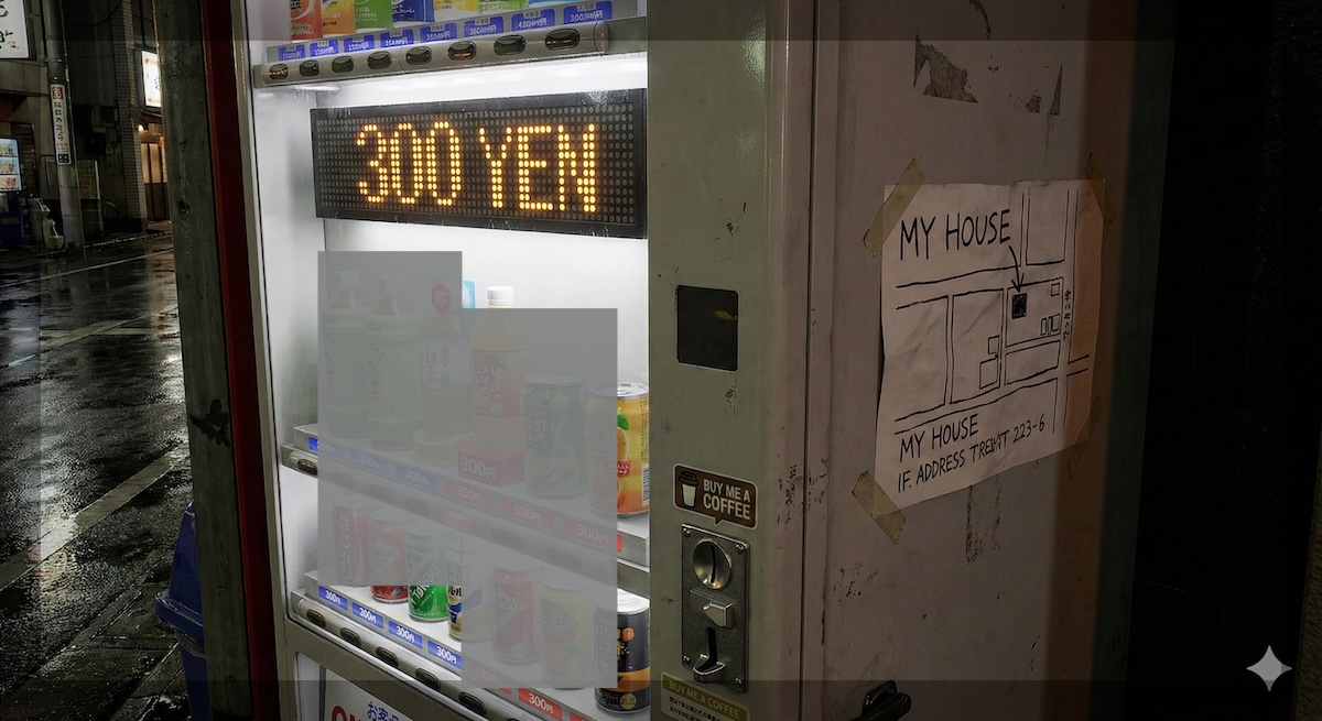 巨大プラットフォーム（一例を挙げると、Zenn, note, …）は広場の自動販売機のようだ。300円の知恵を売ろうとした際に直面する「特商法（特定商取引に関する法律）」の壁。自宅の地図を自販機の側面に晒さなければならない不条理を視覚化した一枚。